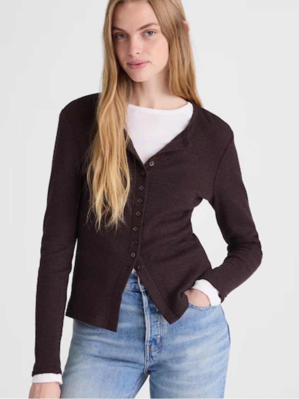 Waffle-Knit Button-Front Sweater Cardigan - chocolate brown